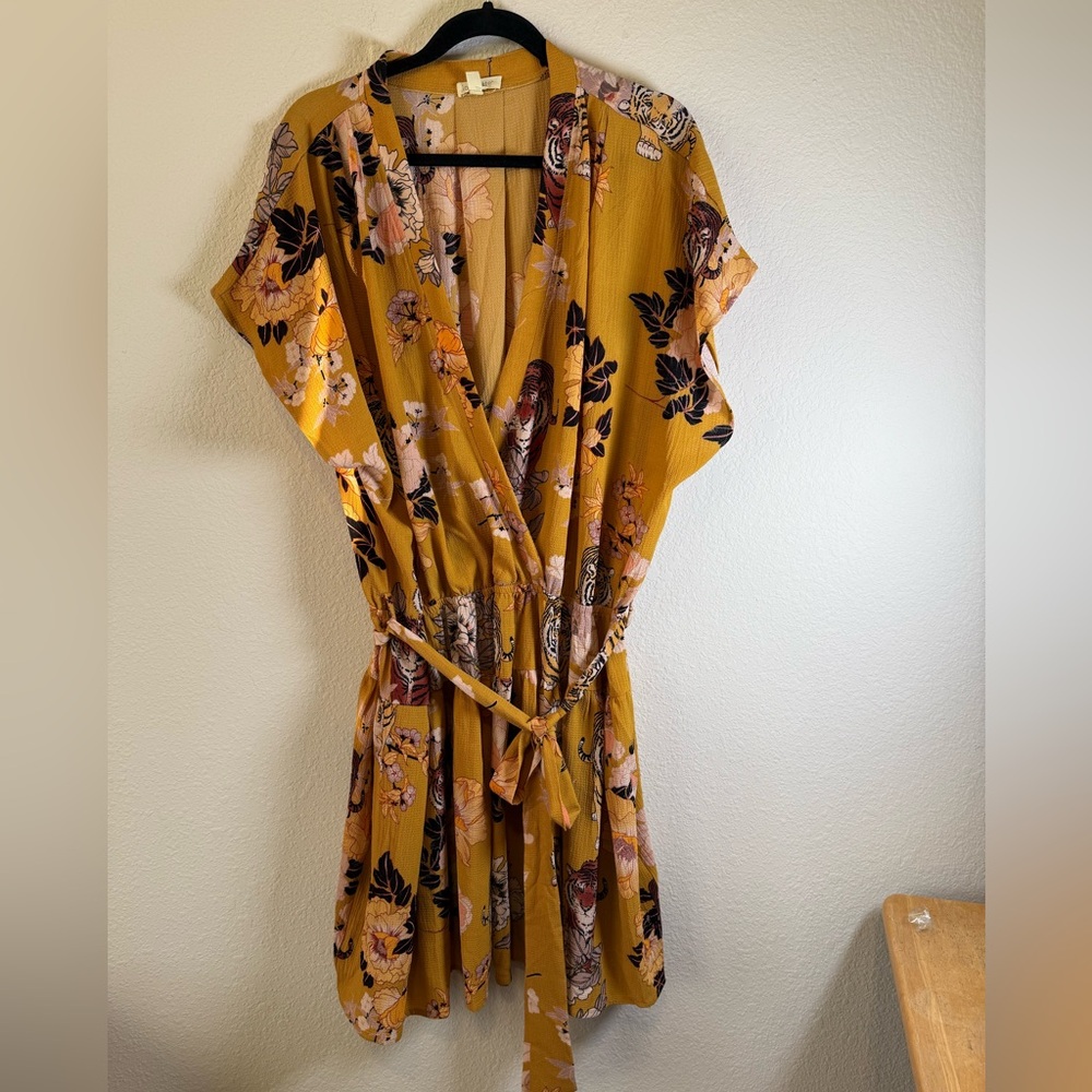 Loralette Mustard Yellow Wrap Dress Floral Tiger Print V-Neck Tie Waist